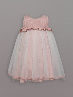 Hopscotch - Girls Peach Gingham Checks Sleeveless Ruffled Party Dress