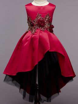 Hopscotch - Girls Red Sleeveless Floral Applique Slim Fit Party Dress