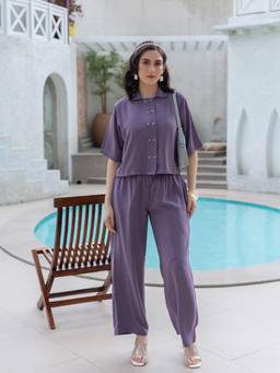TITTLI - Women Rayon Wrinkle Fabric Purple Crop Co-Ord Set