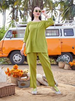TITTLI - Women Solid Cotton Co-Ord Set Yellow