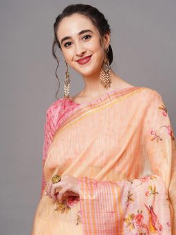Akhilam - Peach Festive Linen Blend Printed Saree with Unstitched