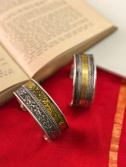 Niska - Chaya Floral Embossed Silver and Gold Oxidized Cuffs (Pack of 2)