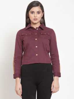 KASSUALLY - Women Burgundy Solid Denim Jacket