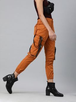 KASSUALLY - Women Rust Orange Slim Fit Solid Cargo Joggers