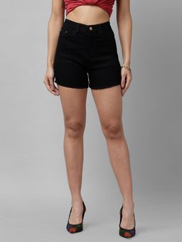 KASSUALLY - Women Black Solid Regular Fit Denim Shorts
