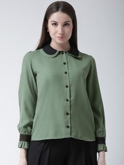 KASSUALLY - Women Olive Green And Black Regular Fit Solid Casual Shirt