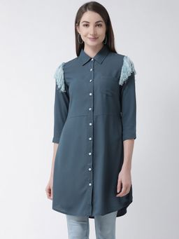 KASSUALLY - Women Blue Regular Fit Solid Casual Shirt
