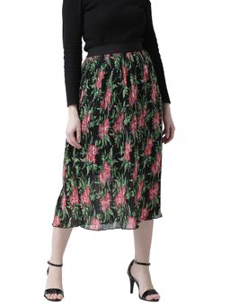 KASSUALLY - Women Black And Red Floral Printed Pleated A Line Midi Skirt