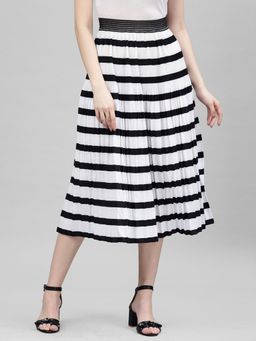 KASSUALLY - Women Black And White Striped Pleated A Line Midi Skirt