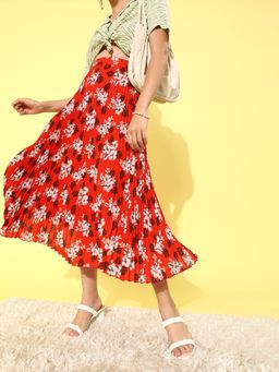KASSUALLY - Red Floral Red Floral Printed Pleated Skirt