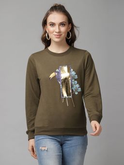 KASSUALLY - Women Olive Green Printed Sweatshirt