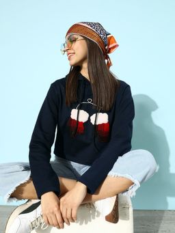 KASSUALLY - Women Navy Blue Graphic Cropped Sweatshirt