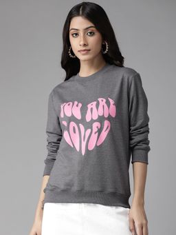 KASSUALLY - Women Grey Melange Printed Sweatshirt