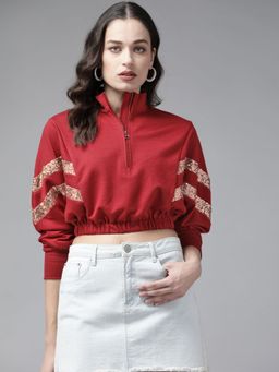 KASSUALLY - Women Red Solid Crop Sweatshirt