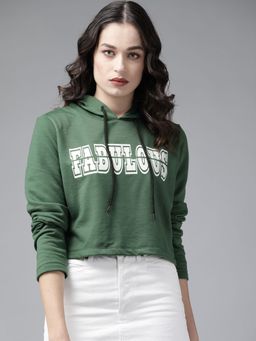 KASSUALLY - Women Green And White Printed Hooded Sweatshirt