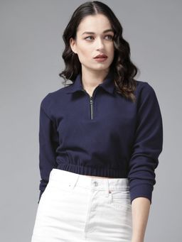 KASSUALLY - Women Navy Blue Solid Crop Sweatshirt