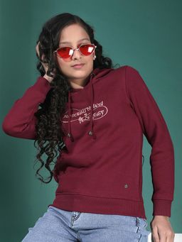 CRIMSOUNE CLUB - Girl's Maroon Graphic Print Hooded Neck Knitted Sweatshirt