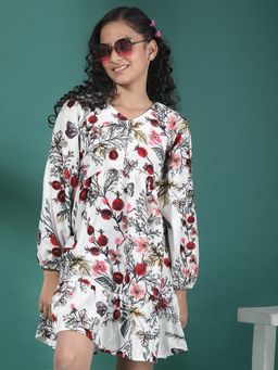 CRIMSOUNE CLUB - Girl's Multi-Color Floral Print A-Line Dress