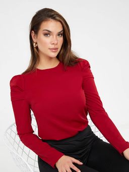 Styli - Red Puff Sleeves Round Neck Solid Slim Fit Top