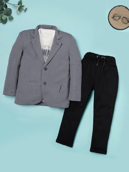 RIDOKIDZ - Boys Grey Full Sleeves Textured Blazer with T-Shirt and Pant (Set of 3)