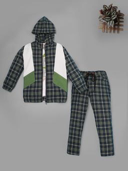 RIDOKIDZ - Boys Navy Blue Full Sleeves Checks Jacket with Pant and T-Shirt (Set of 3)