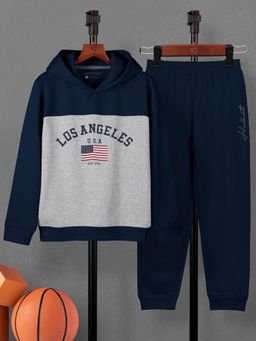 HELLCAT - Boys Navy Blue Trendy Printed Cotton Blend Hoodie with Joggers (Set of 2)