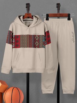 HELLCAT - Boys Beige Trendy Printed Cotton Blend Hoodie with Joggers (Set of 2)