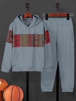 HELLCAT - Boys Grey Trendy Printed Cotton Blend Hoodie with Joggers (Set of 2)