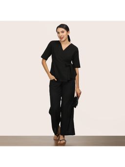 Saltpetre - Black Solid Side Tie-Up Detail Wrap Top with Straight Fit Pant (Set of 2)