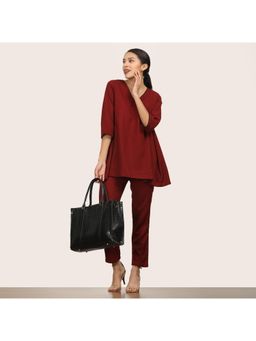Saltpetre - Maroon V-Neck A-Line Silhouette Piping Tunic with Pant (Set of 2)
