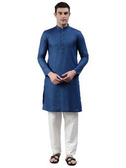 Manthan - Blue Chequered Blended Cotton Knee Length Kurta
