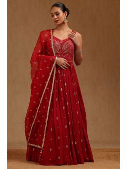 Soch - Women'S Red Georgette Embroidered Gown with Dupatta