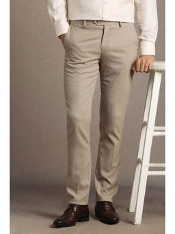 Louis Philippe - Men Beige Textured Flat Front Formal Trouser