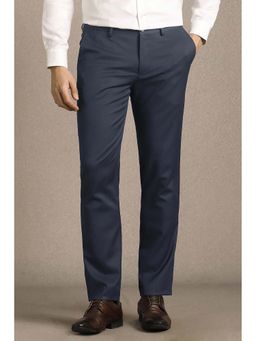 Louis Philippe - Men Navy Blue Textured Flat Front Formal Trouser