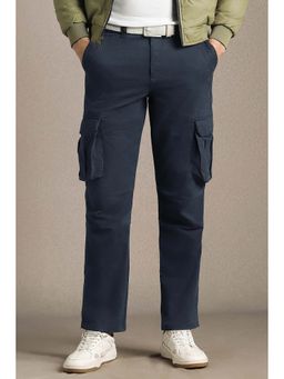 Louis Philippe - Men Navy Blue Solid Flat Front Casual Cargo