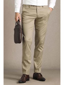 Louis Philippe - Men Beige Textured Flat Front Formal Trouser