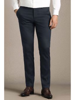 Louis Philippe - Men Navy Blue Textured Flat Front Formal Trouser