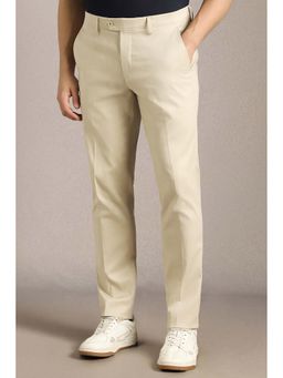 Louis Philippe - Men Beige Textured Flat Front Formal Trouser