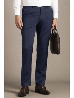 Louis Philippe - Men Navy Blue Textured Flat Front Formal Trouser