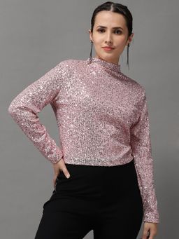 SHOWOFFFF - Womens High Neck Pink Regular Top