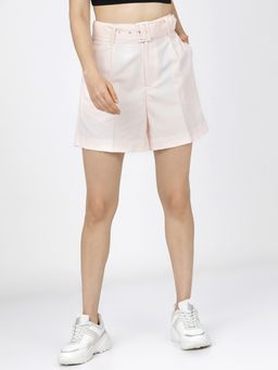 TOKYO TALKIES - Women's Pink Slim Fit High-Rise Hot Pants Shorts with Belt (Set of 2)