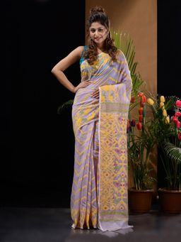 CHARUKRITI - Lilac & Yellow Handwoven Saree with Chevron & Ethnic Designs