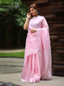 Beatitude - Baby Pink Handwoven Solid Linen Saree Zari Border with Unstitched Blouse