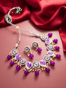 Aadita - Purple Gold Plated Kundan Pearl Beaded Necklace with Earrings (Set of 2)