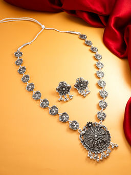 Aadita - Silver Toned Oxidised Plated Mala Necklace with Earrings (Set of 2)