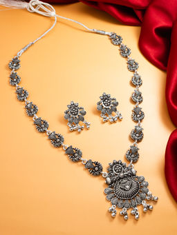 Aadita - Silver Toned Oxidised Plated Mala Necklace with Earrings (Set of 2)