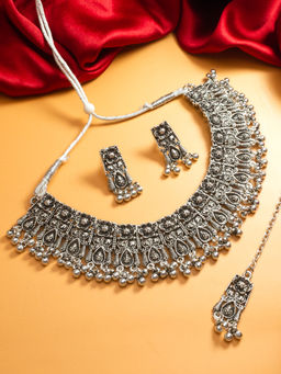 Aadita - Silver Plated Oxidised Choker Necklace Jewellery (Set of 3)