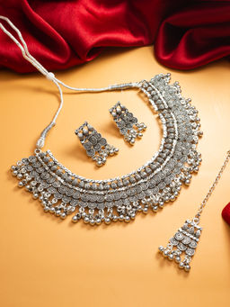 Aadita - Silver Plated Oxidised Choker Necklace Jewellery (Set of 3)