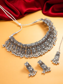 Aadita - Silver Plated Oxidised Choker Necklace Jewellery (Set of 3)