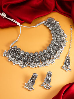 Aadita - Silver Plated Oxidised Choker Necklace Jewellery (Set of 3)